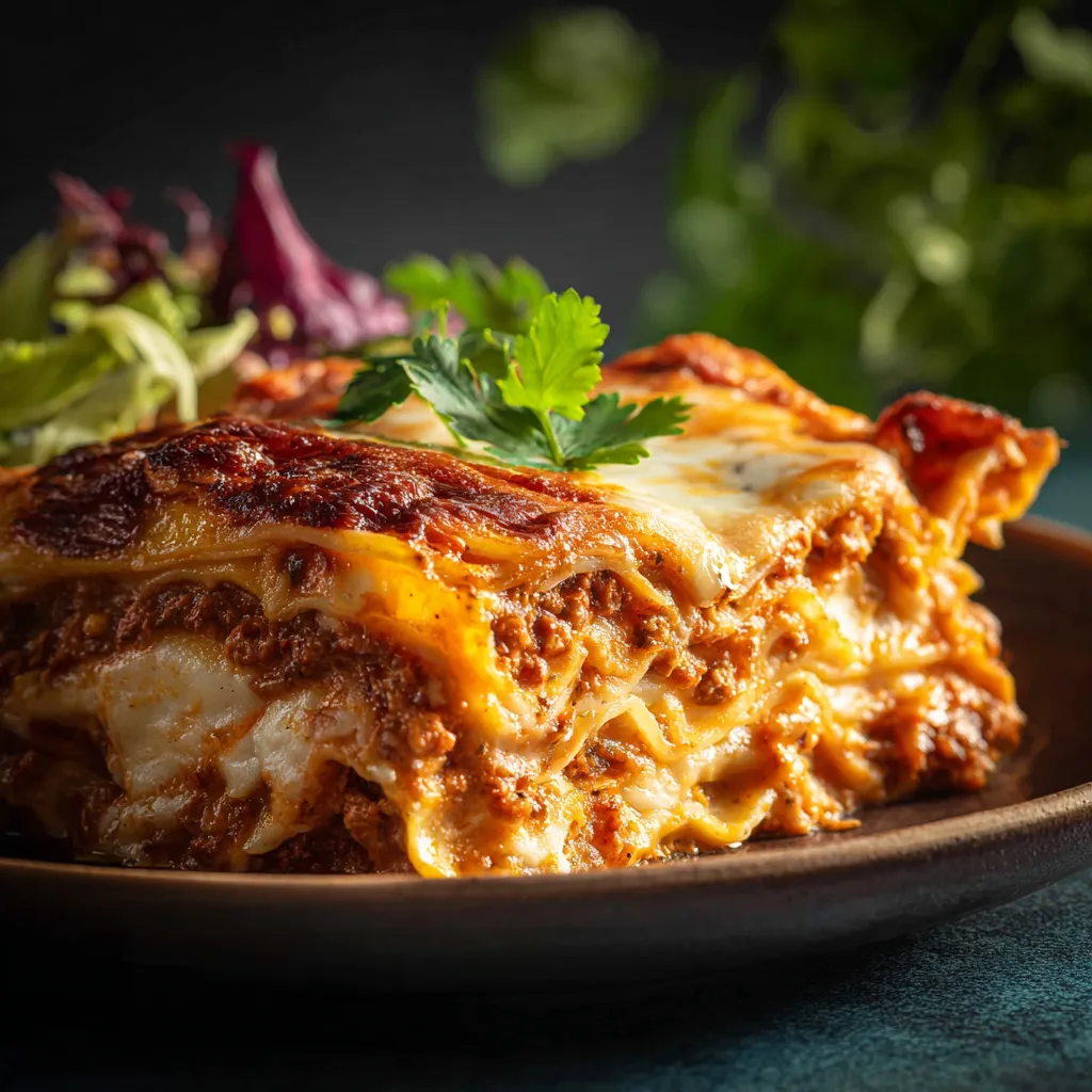 A close-up shot of a delicious, cheesy slice of Million Dollar Lasagna, perfect for a comforting and indulgent meal.