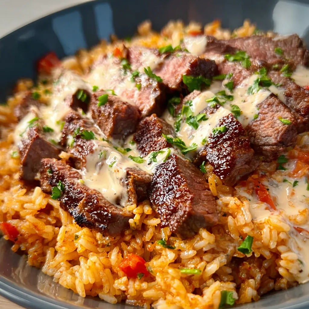 Featured image showcasing a delicious plate of Queso Rice With Steak.