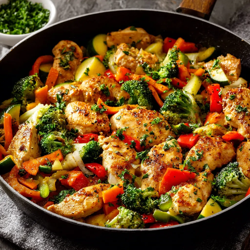 Skillet Chicken With Veggies is a delicious and colorful meal, featuring juicy chicken and vibrant vegetables cooked in a single pan for easy cleanup.