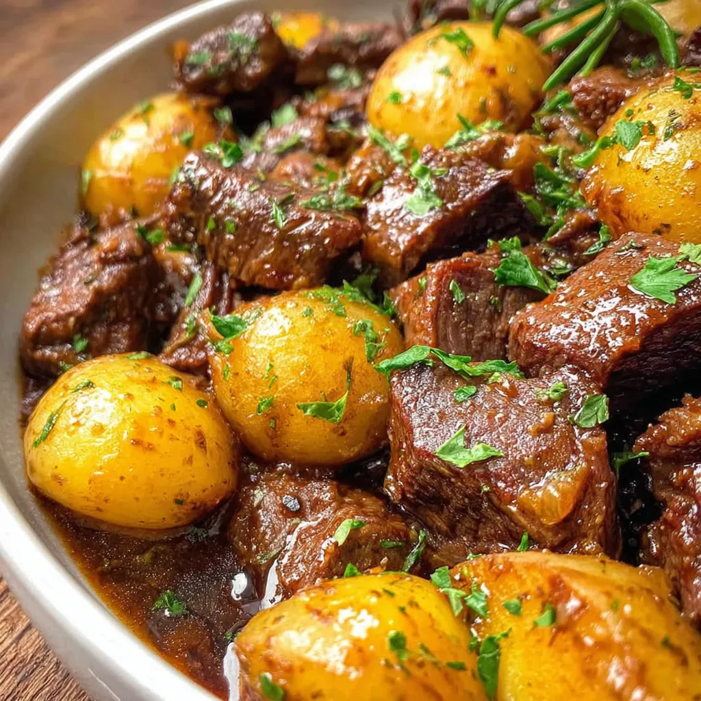 Slow Cooker Garlic Butter Beef & Potatoes, a delicious and easy one-pot meal, is featured in this recipe image.