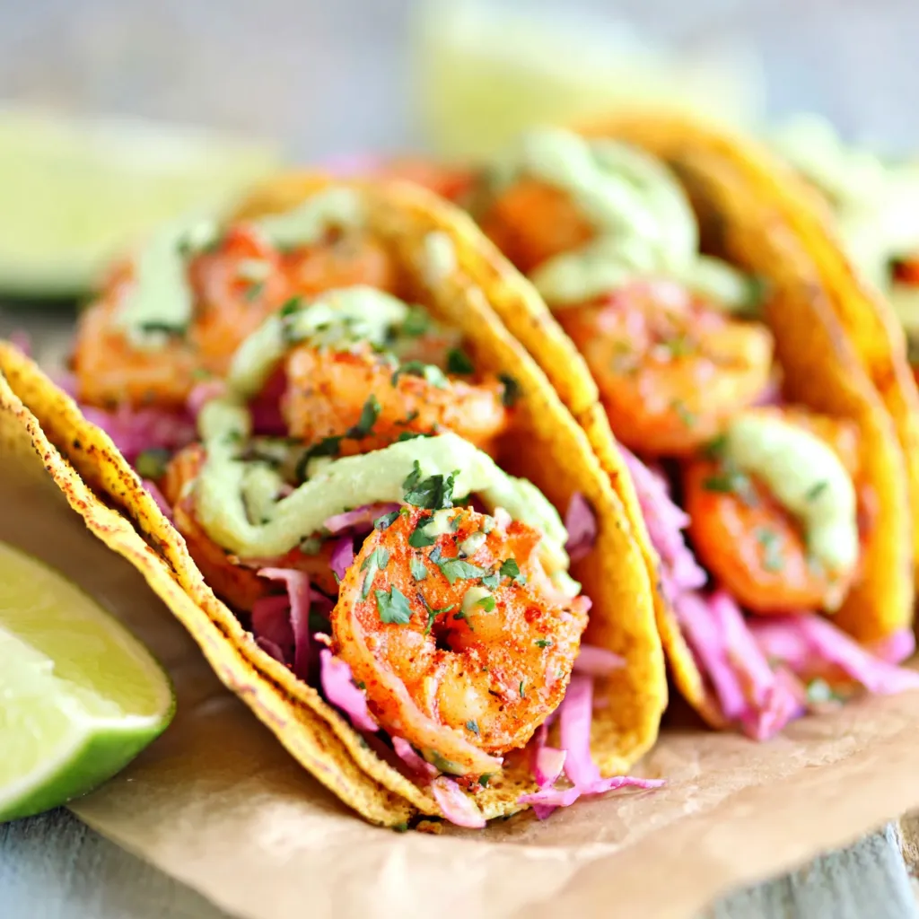 A close-up shot showcases delicious Spicy Shrimp Tacos, filled with vibrant toppings and ready to eat.