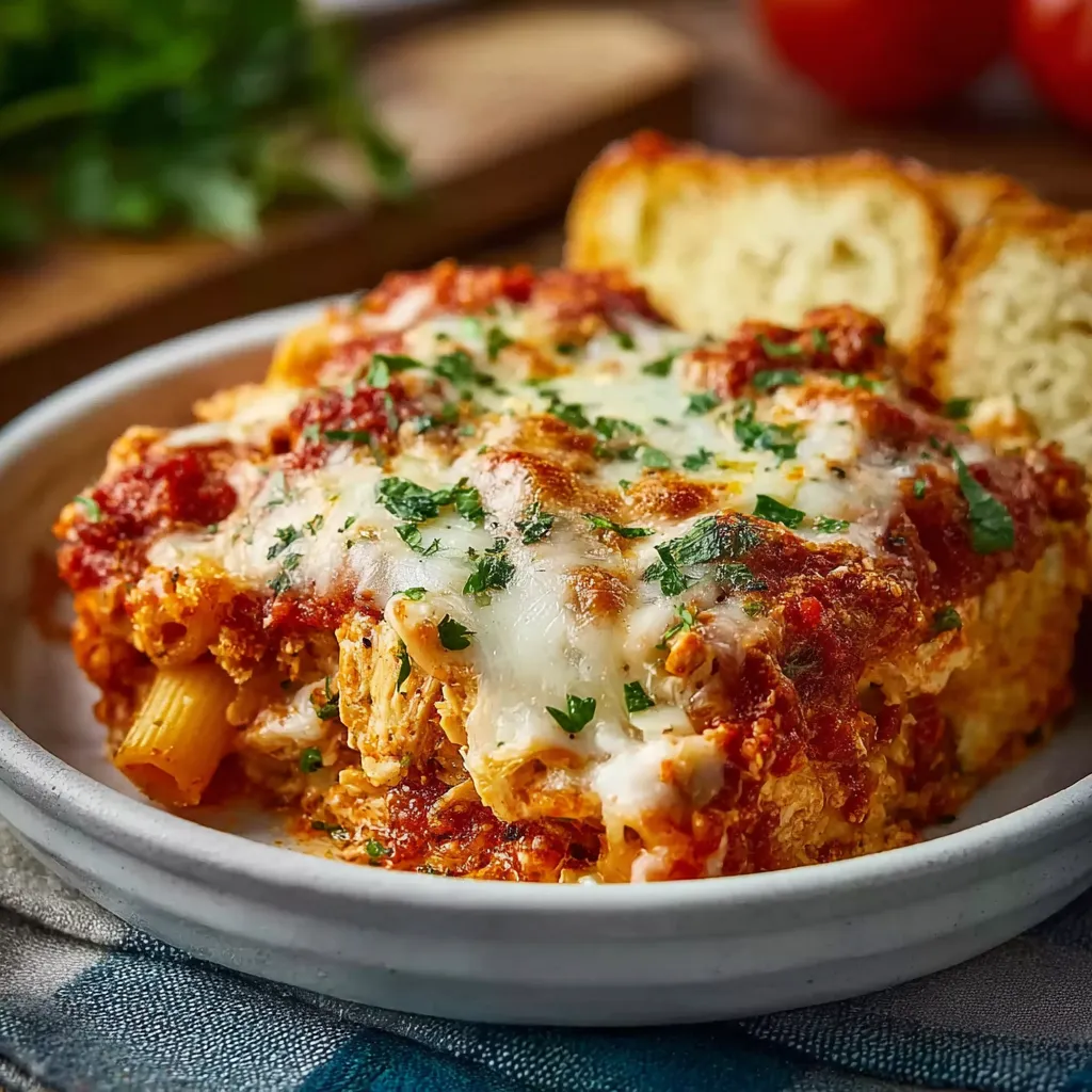 A delicious Chicken Parm Casserole, baked to golden perfection and ready to be served.