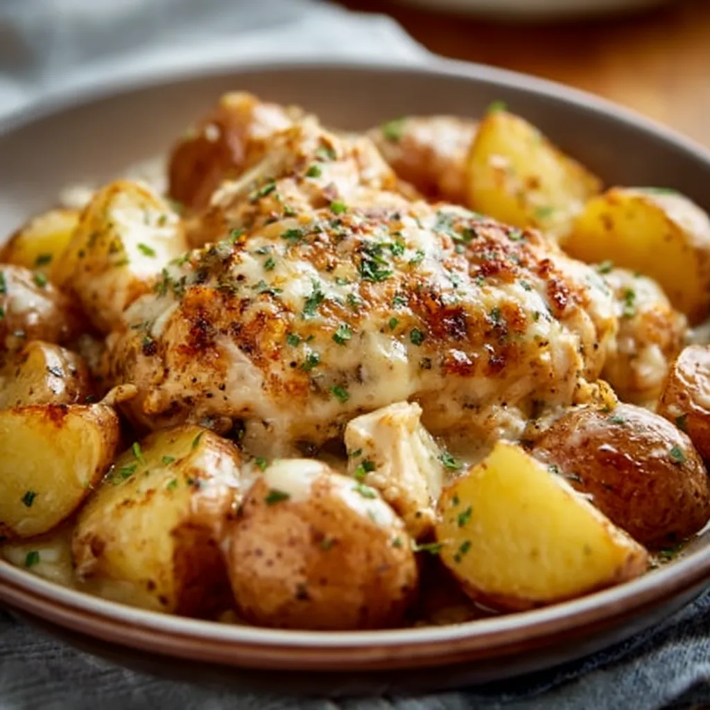 Featured image of delicious Garlic Parmesan Crockpot Chicken & Potatoes ready to serve.