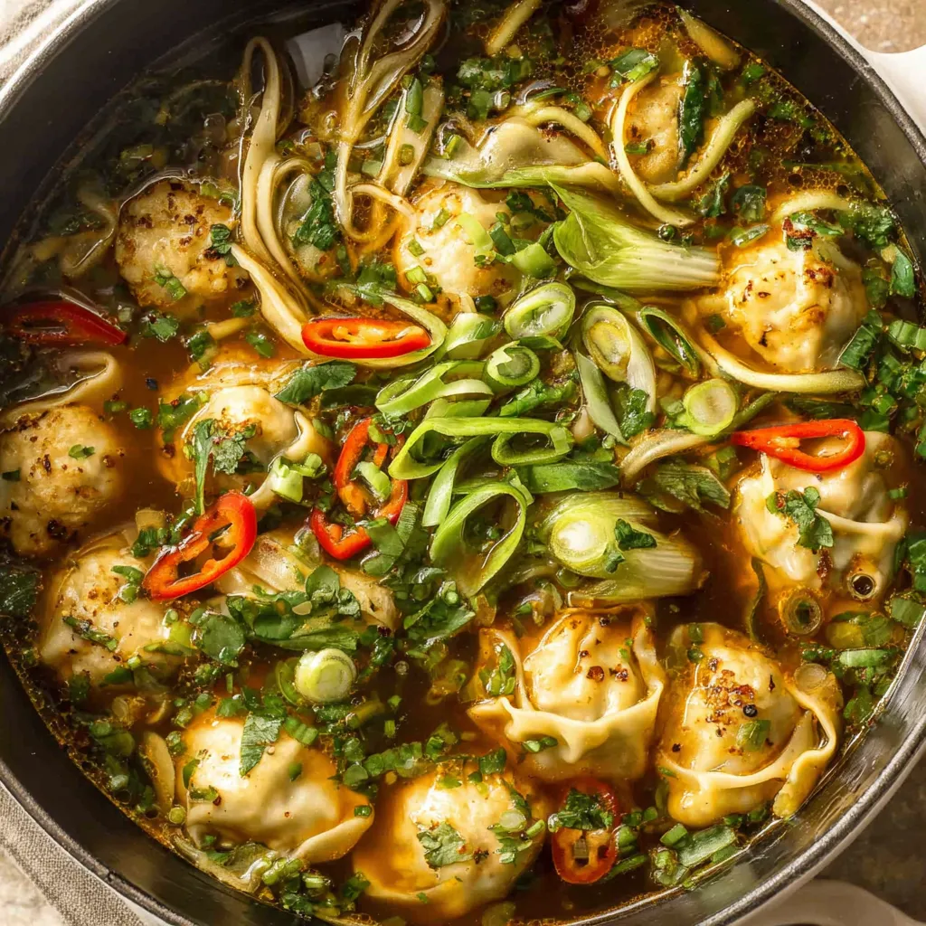 A steaming bowl of Gyoza Soup features plump dumplings and a rich broth, showcasing a comforting and flavorful meal.