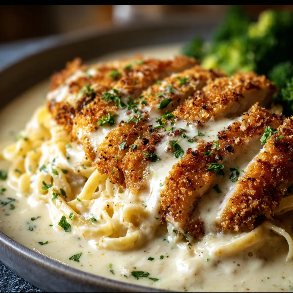 Close-up of perfectly cooked Alfredo Sauce And Parmesan Crusted Chicken, showcasing its golden-brown crust and creamy sauce.