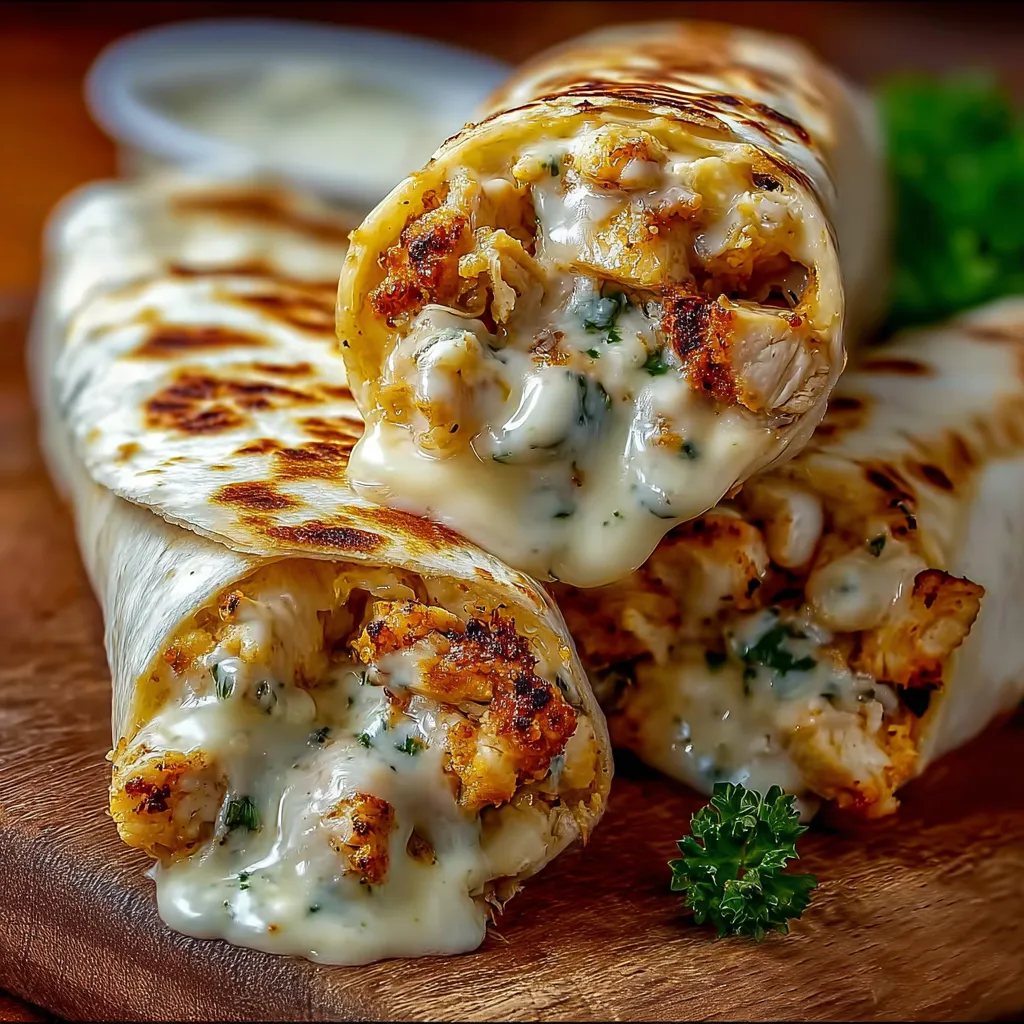 Close-up of delicious Cheesy Garlic Chicken Wraps, showcasing the melted cheese and savory chicken filling.