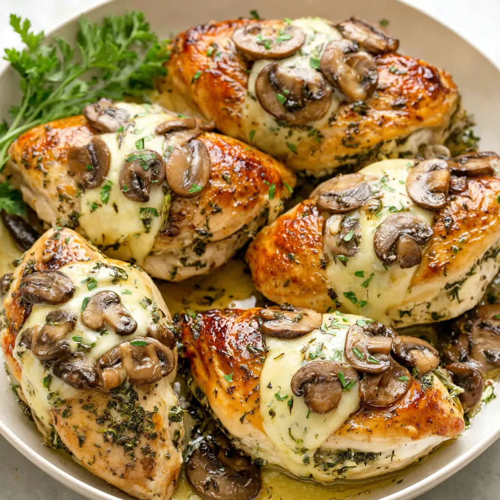 Close-up view of Chicken Breasts Stuffed With Garlic Butter Mushrooms, showcasing the delicious filling and golden-brown crust.