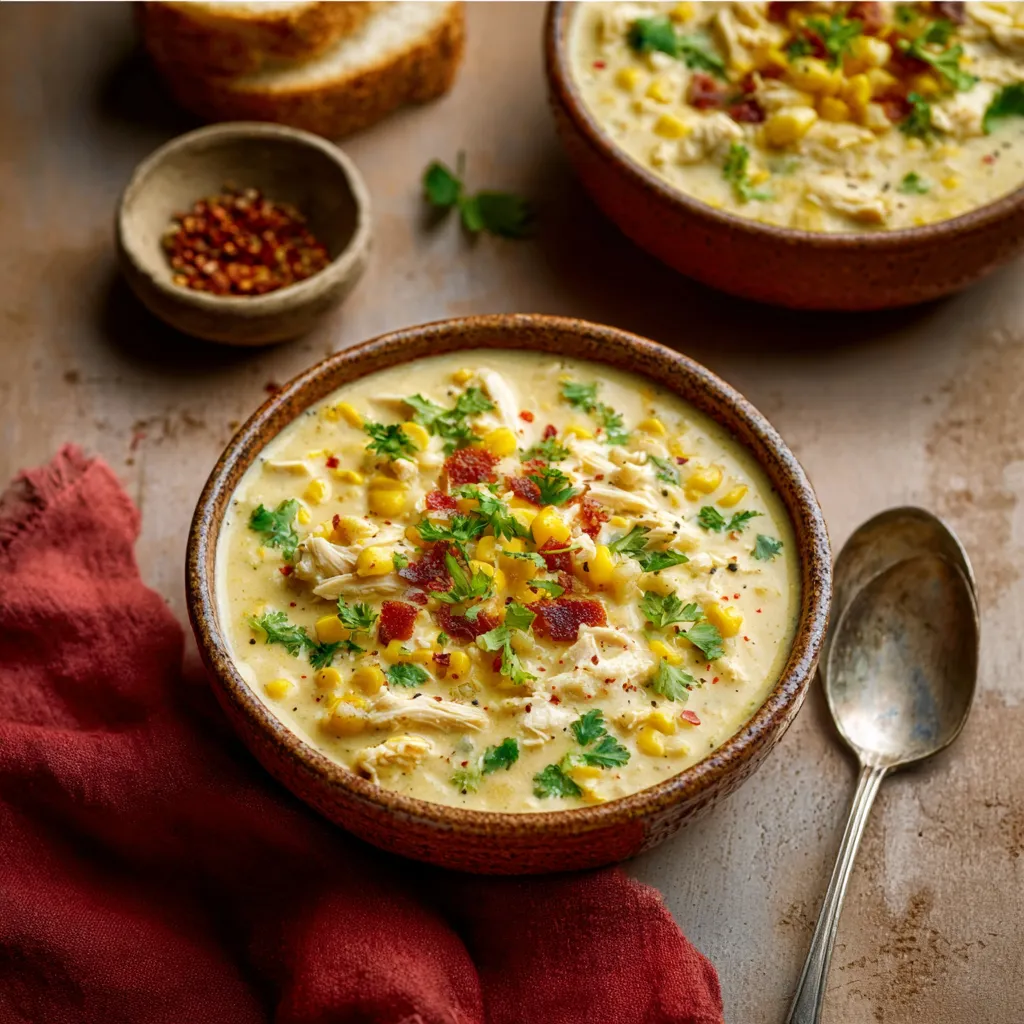 Close-up of creamy Chicken Corn Chowder in a bowl, showcasing its texture and ingredients.