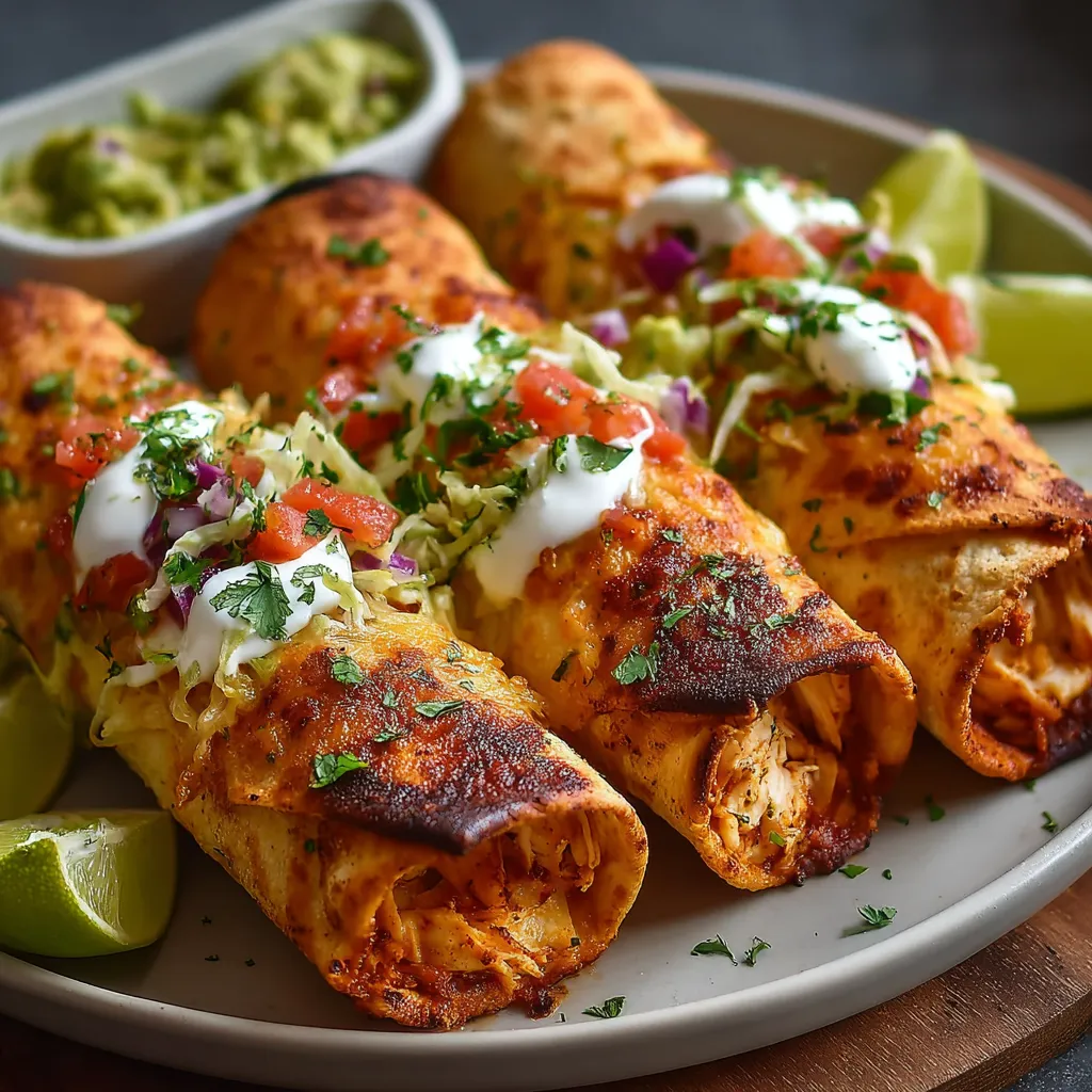 A close-up shot showcases delicious, golden-brown Chicken Taquitos, ready to be enjoyed.
