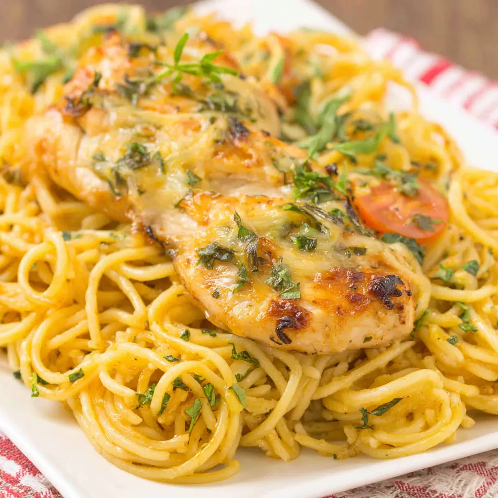 Close-up shot showcasing the creamy texture and delicious ingredients of Monterey Chicken Spaghetti.
