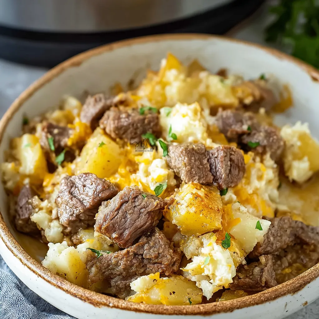 Close-up view of the creamy, cheesy Slow Cooker Steak and Cheddar Potato Casserole ready to be served.