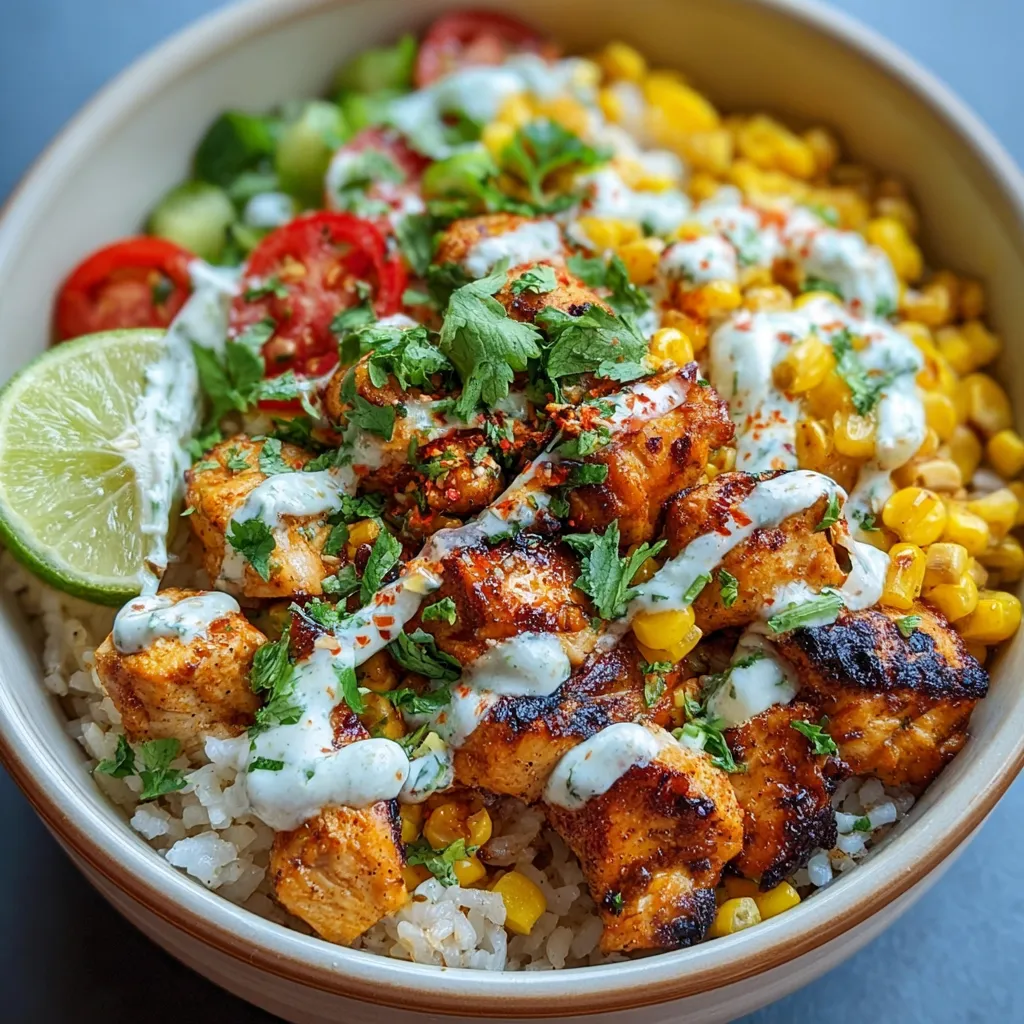 Close-up of a delicious Street Corn Chicken Rice Bowl, showcasing the vibrant colors and textures of the dish.
