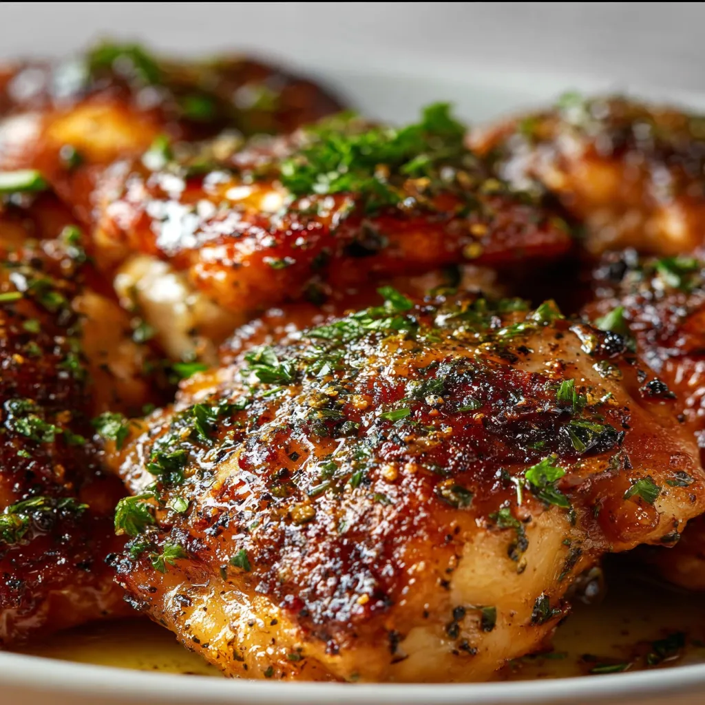Close-up view of juicy Baked Chicken Thighs, showcasing their crispy skin and tender meat.