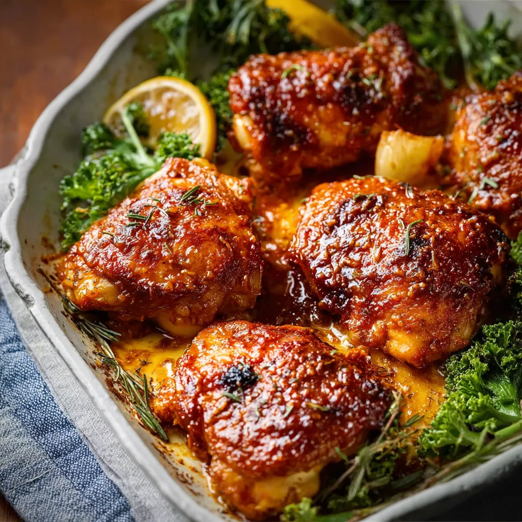 Close-up of juicy Baked Honey Mustard Chicken Thighs fresh out of the oven, showcasing their golden-brown glaze.