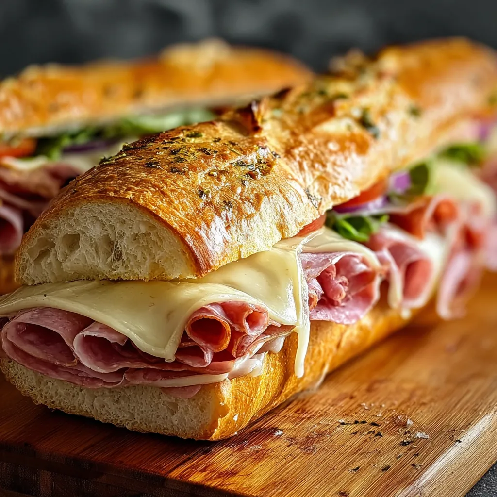 Close-up of a delicious Baked Italian Sub Sandwich, showcasing the melted cheese and toasted bread.