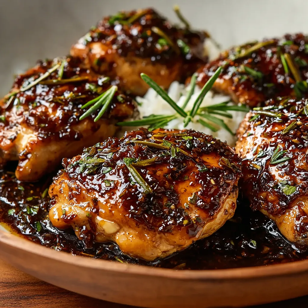 Close-up shows juicy Balsamic Fig Glazed Chicken Thighs glistening with balsamic fig glaze.