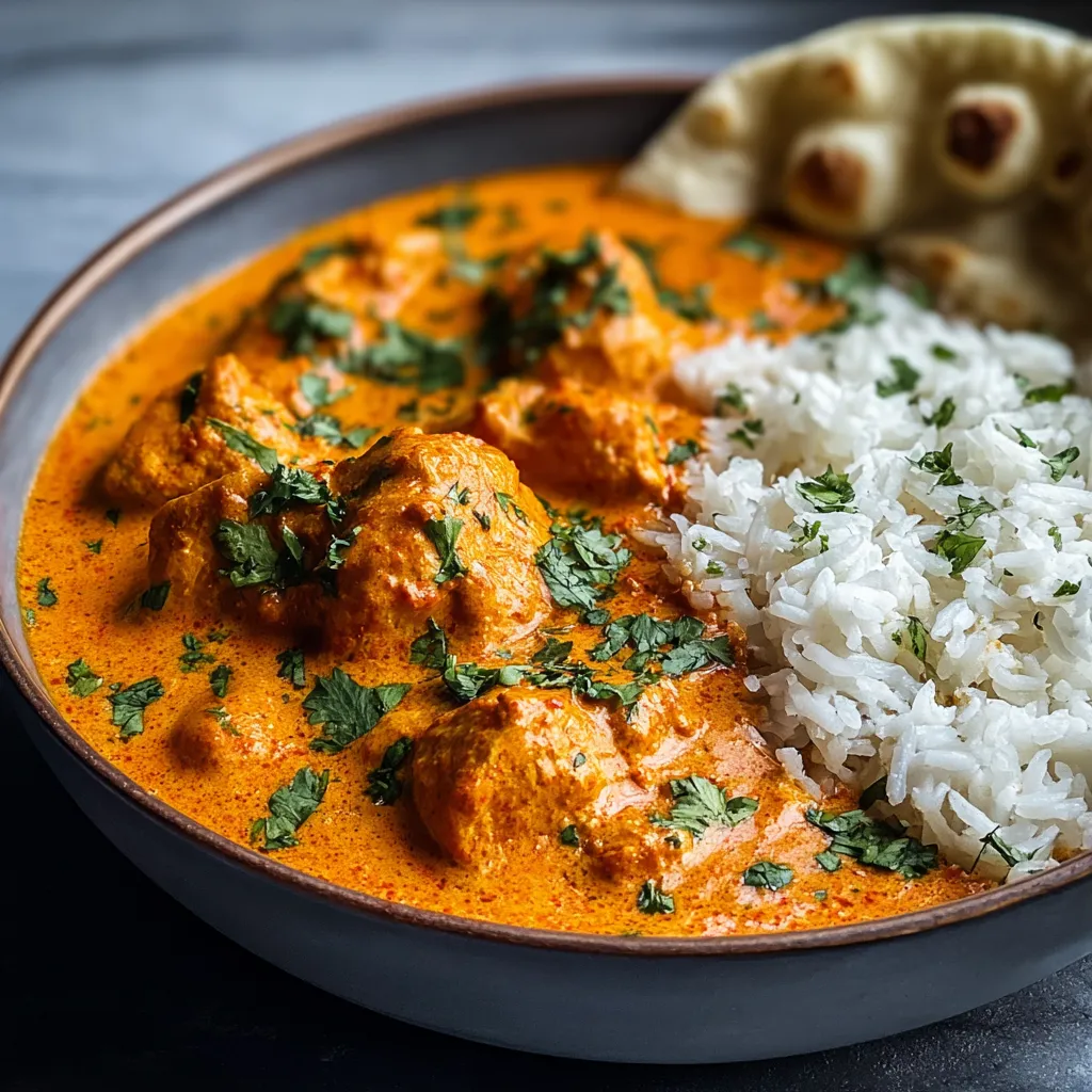 Close-up shot showcasing the creamy texture and vibrant colors of delicious Butter Chicken.