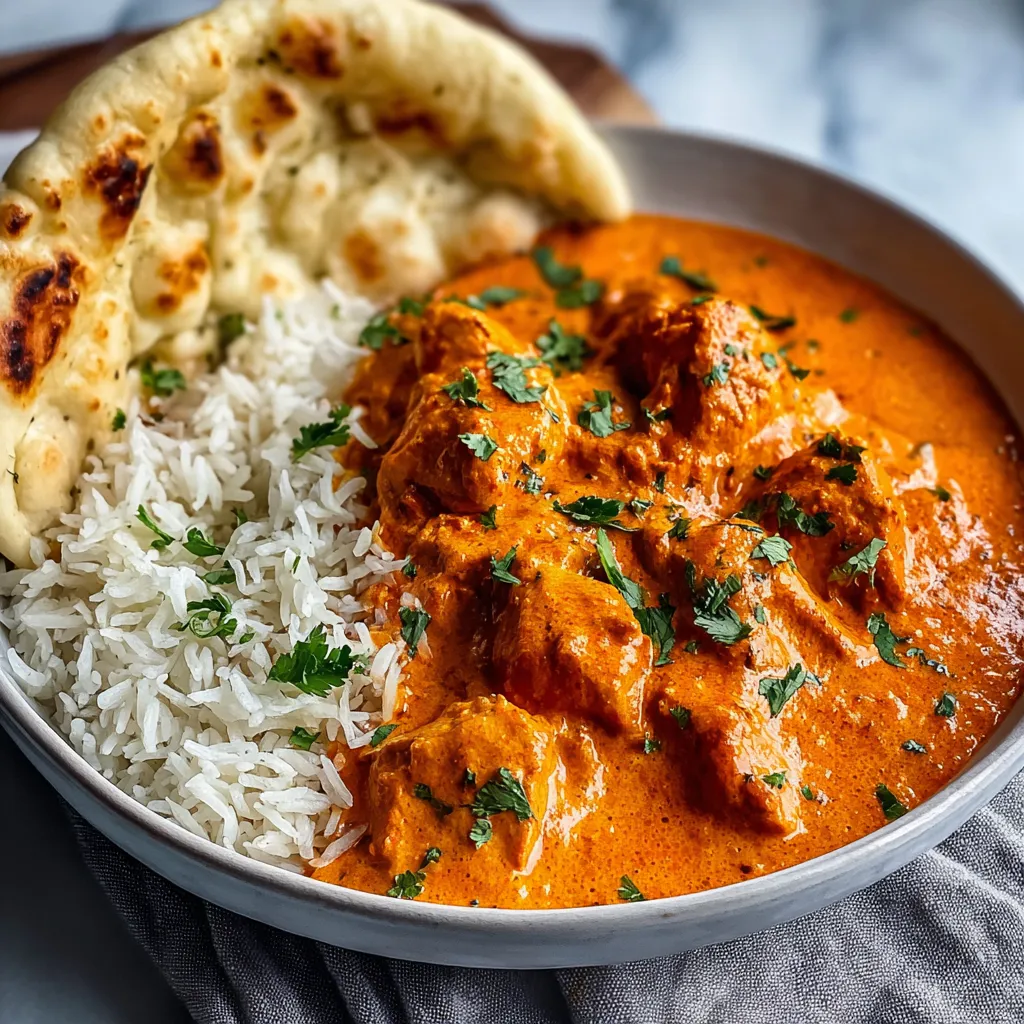 A close-up shot showcasing the creamy tomato-based sauce and tender chicken pieces of delicious Butter Chicken.