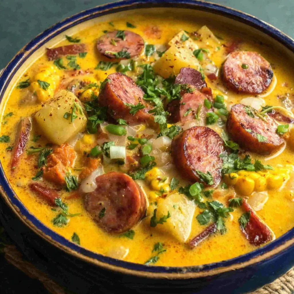 A close-up view of creamy Cajun Potato Soup in a bowl, showcasing its rich texture and flavorful ingredients.