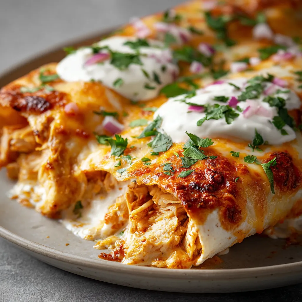 Close-up view of delicious Chicken Enchiladas, a perfect second helping for a satisfying meal.