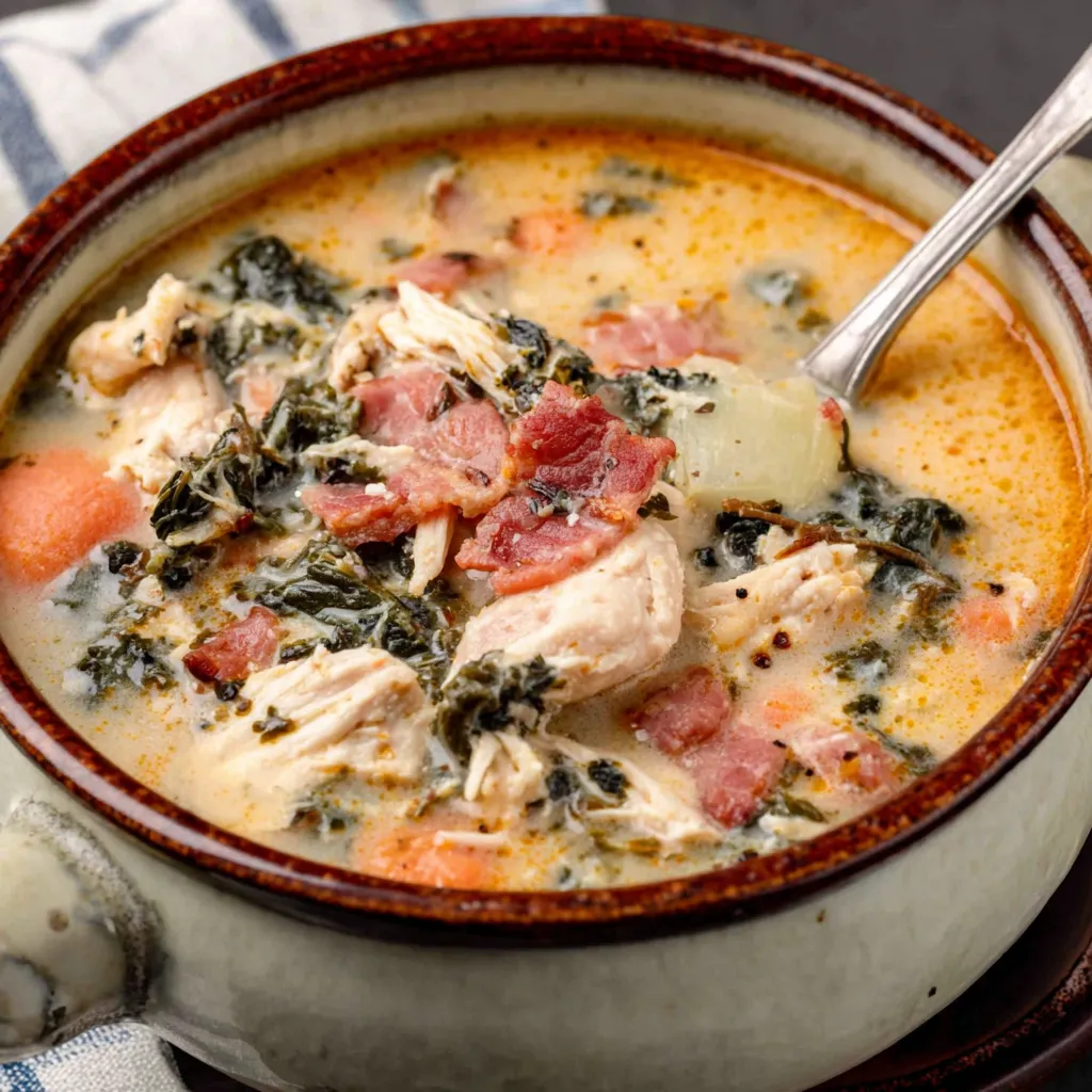 Close-up view of comforting Chicken Soup, showcasing its rich broth and hearty ingredients.