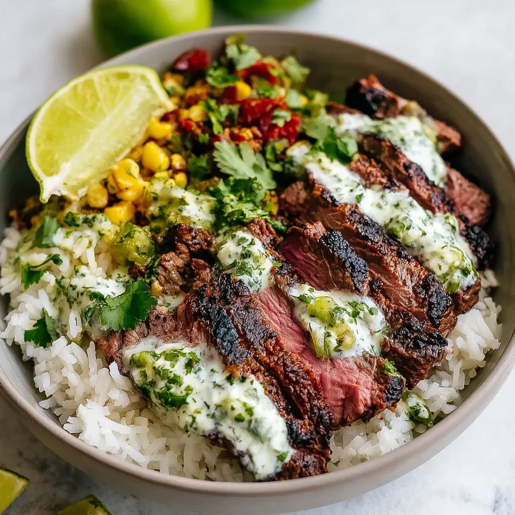 Close-up shot showcasing a delicious serving of Cilantro Lime Steak Bowls, filled with vibrant ingredients and perfectly cooked steak.