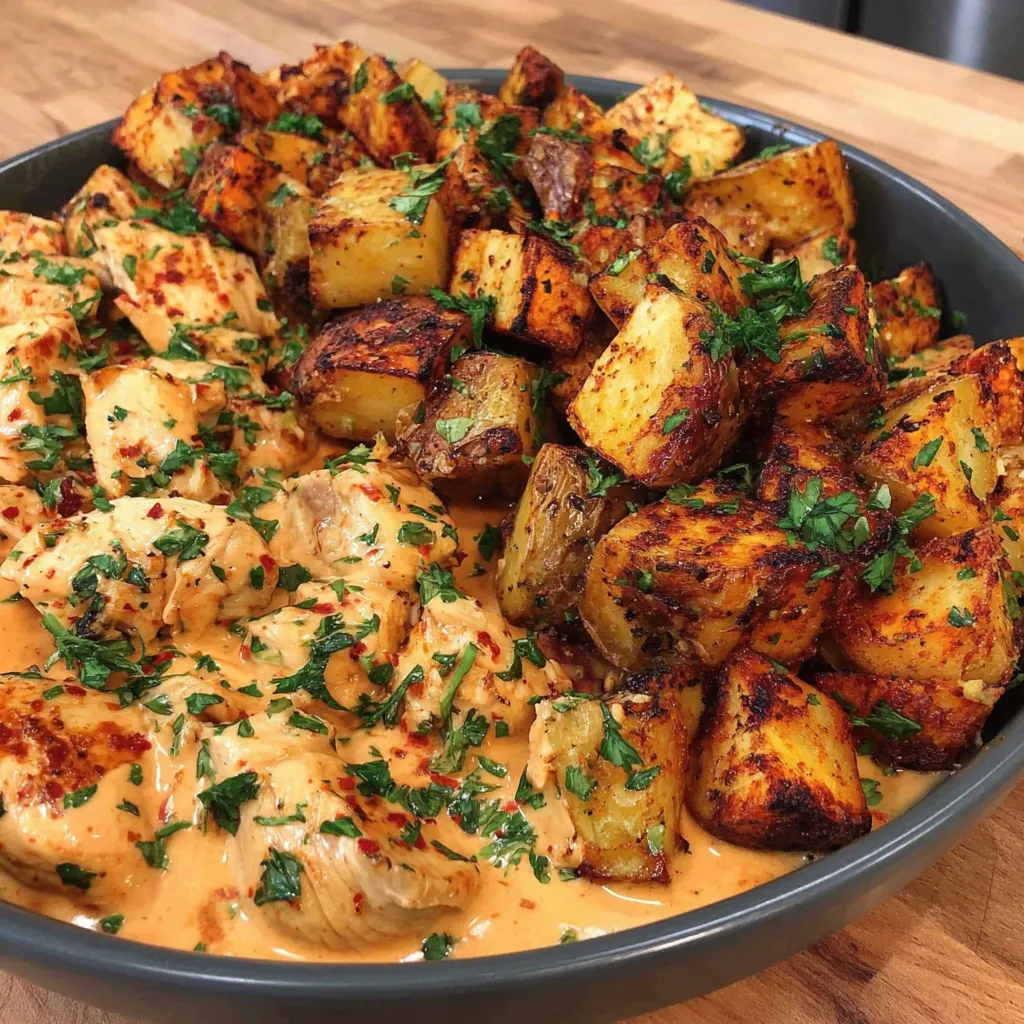 Close-up shot of delicious Creamy Garlic Chicken And Crispy Potatoes, showcasing the creamy sauce and golden-brown potatoes.