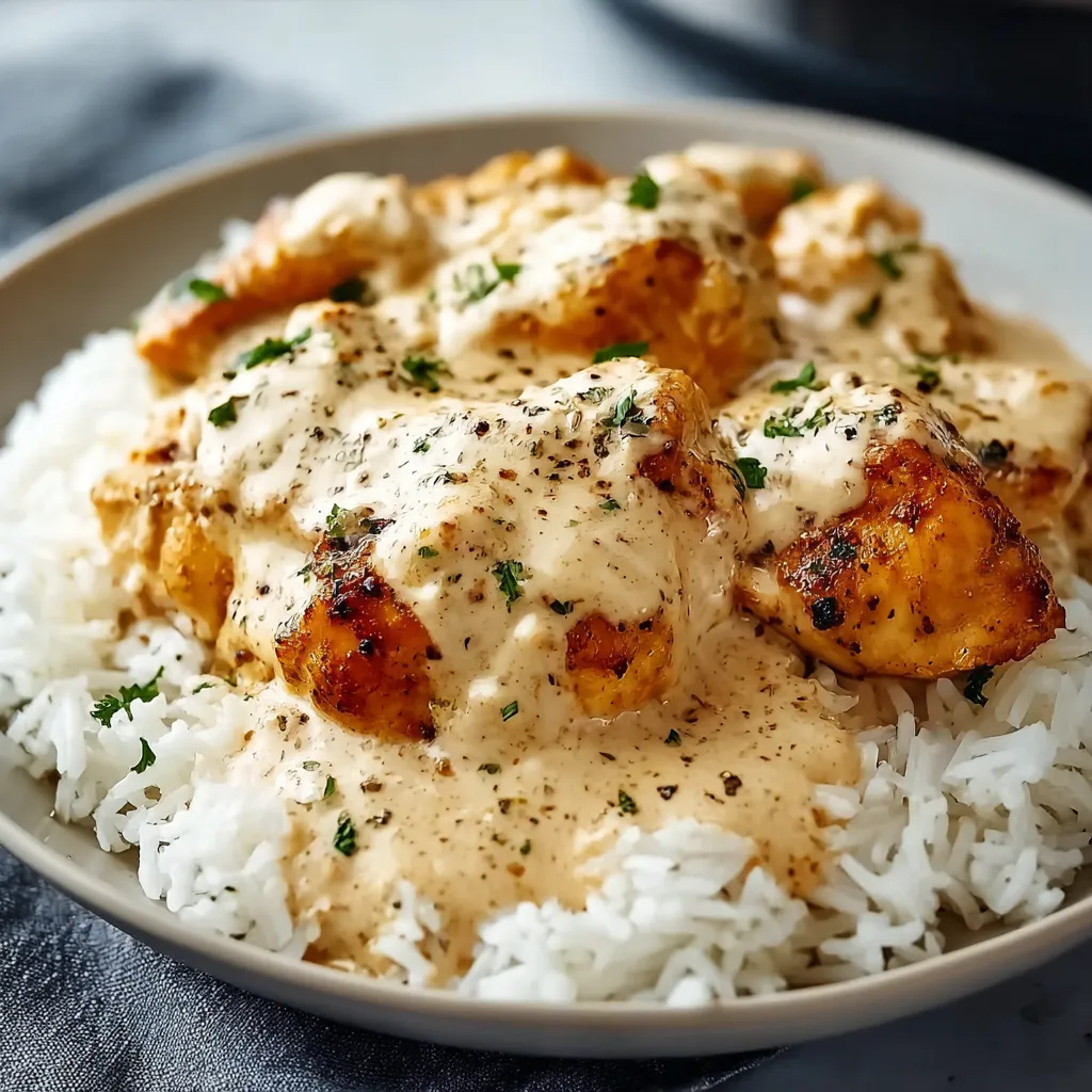 Close-up of Creamy Smothered Chicken And Rice, showing the creamy sauce and tender chicken pieces.