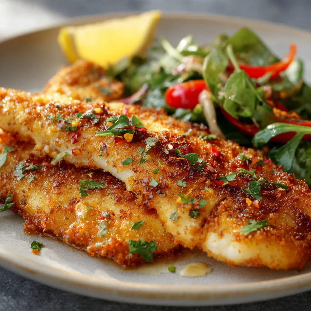 A close-up shot reveals the golden-brown, crispy texture of freshly made Crispy Fried Flounder.