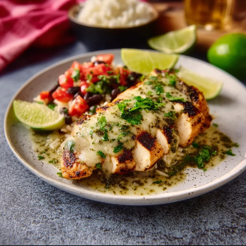 Close-up of Grilled Salsa Verde Pepper Jack Chicken showing melted cheese and vibrant green salsa verde.
