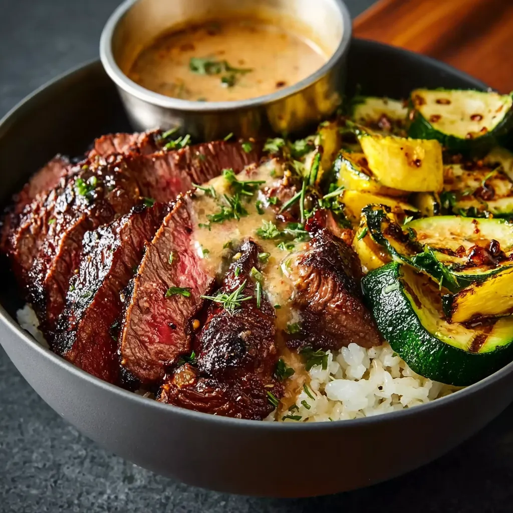 Close-up shows a delicious Grilled Steak Bowl with perfectly grilled steak, fresh vegetables, and a flavorful sauce.
