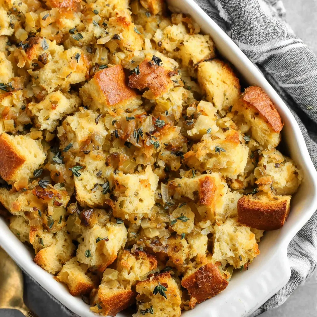 Close-up view of delicious, golden-brown Homemade Stuffing, ready to be served as part of a festive meal.