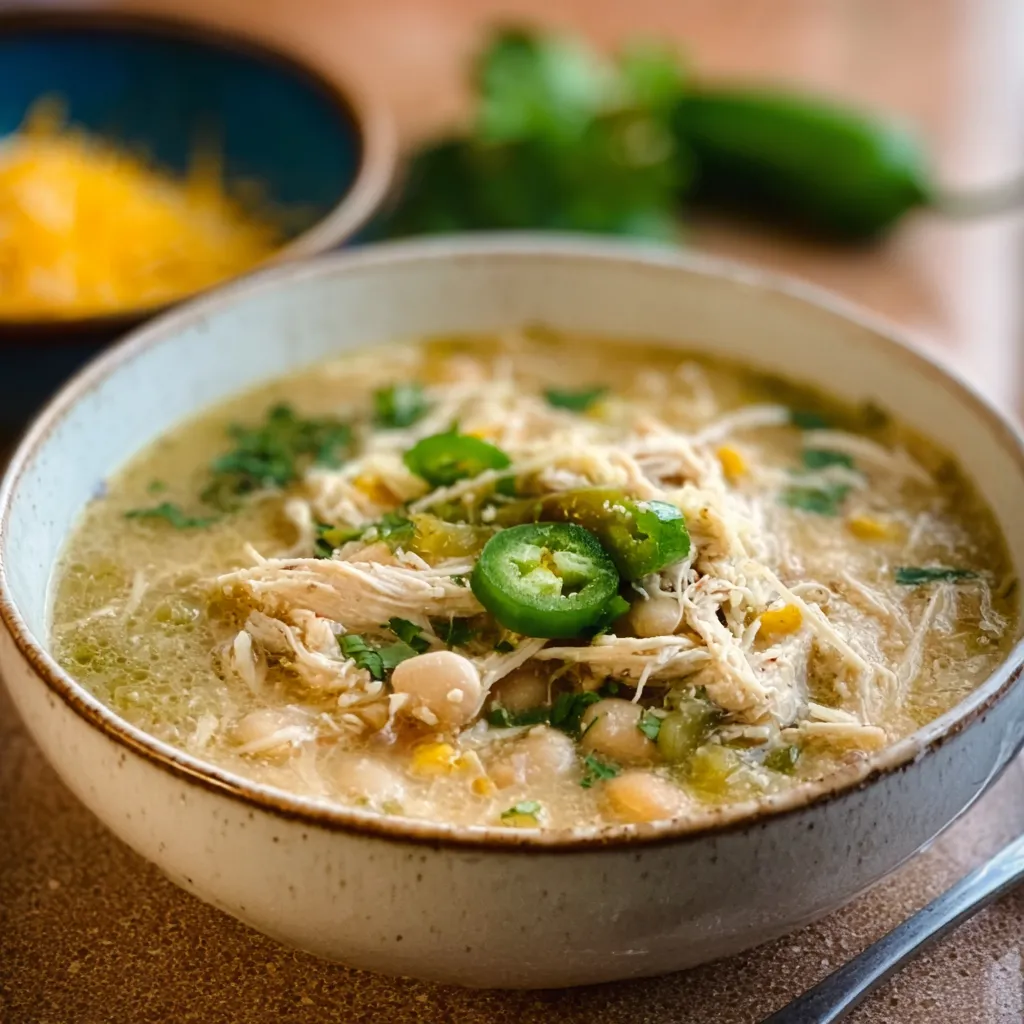 Close-up shot of a bowl of creamy White Chicken Chili, showcasing its texture and ingredients.