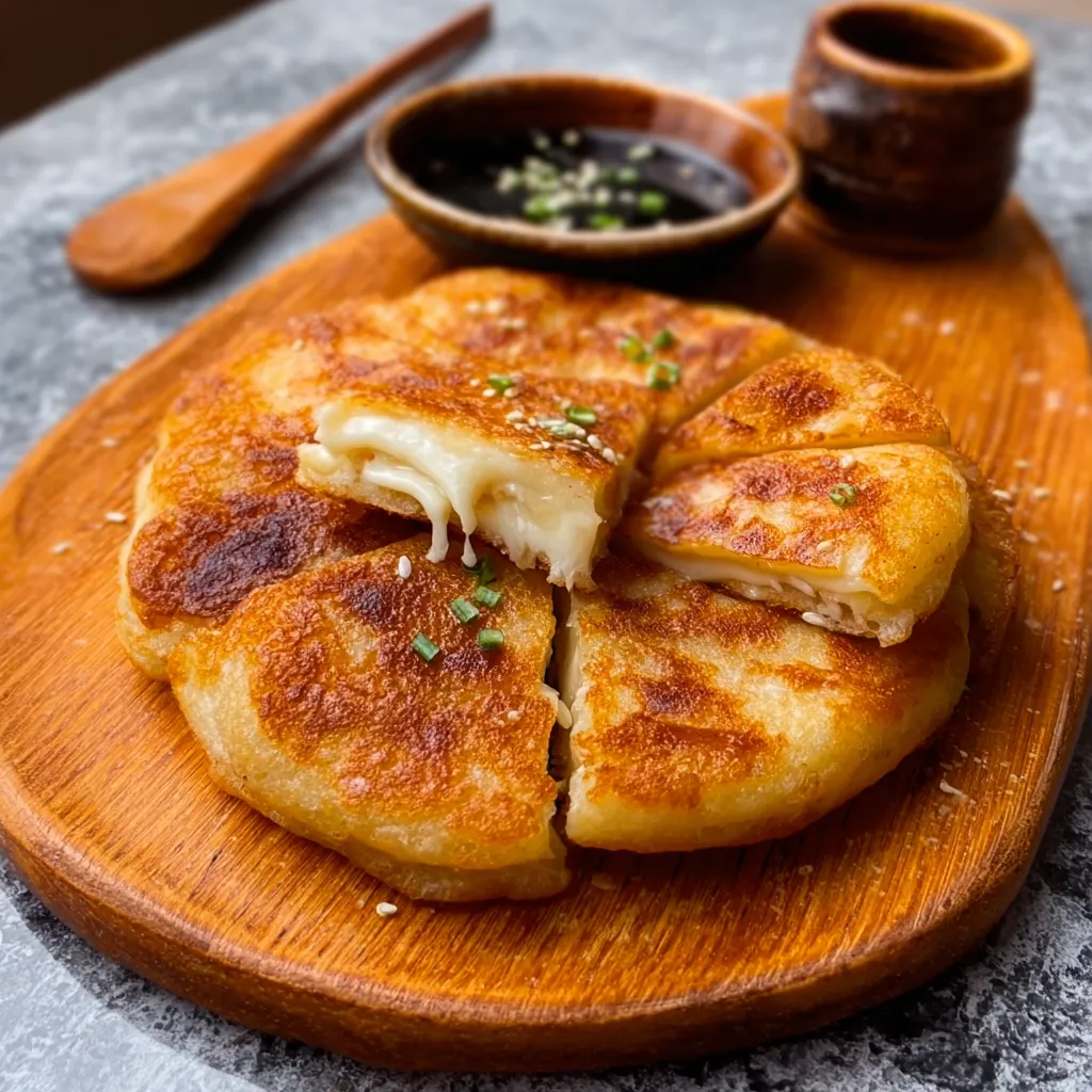 A close-up shot showcases the gooey, melted cheese filling inside a golden-brown Korean Cheese Hotteok.
