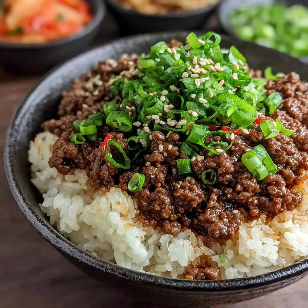 Close-up of a flavorful Korean Ground Beef Bowl, showcasing the vibrant colors and textures of the ingredients.