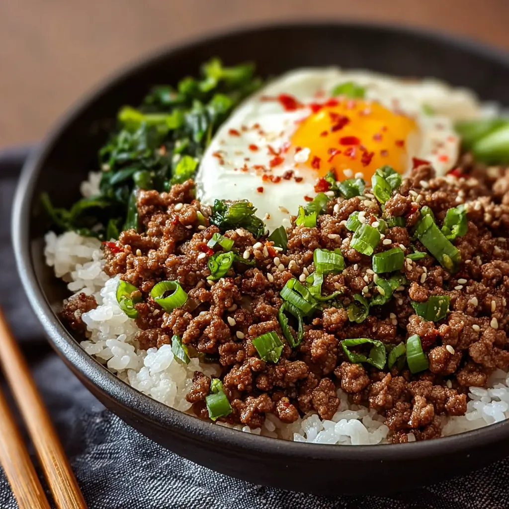 Close-up showing a delicious Korean Ground Beef Bowl with rice, seasoned ground beef, and colorful toppings.