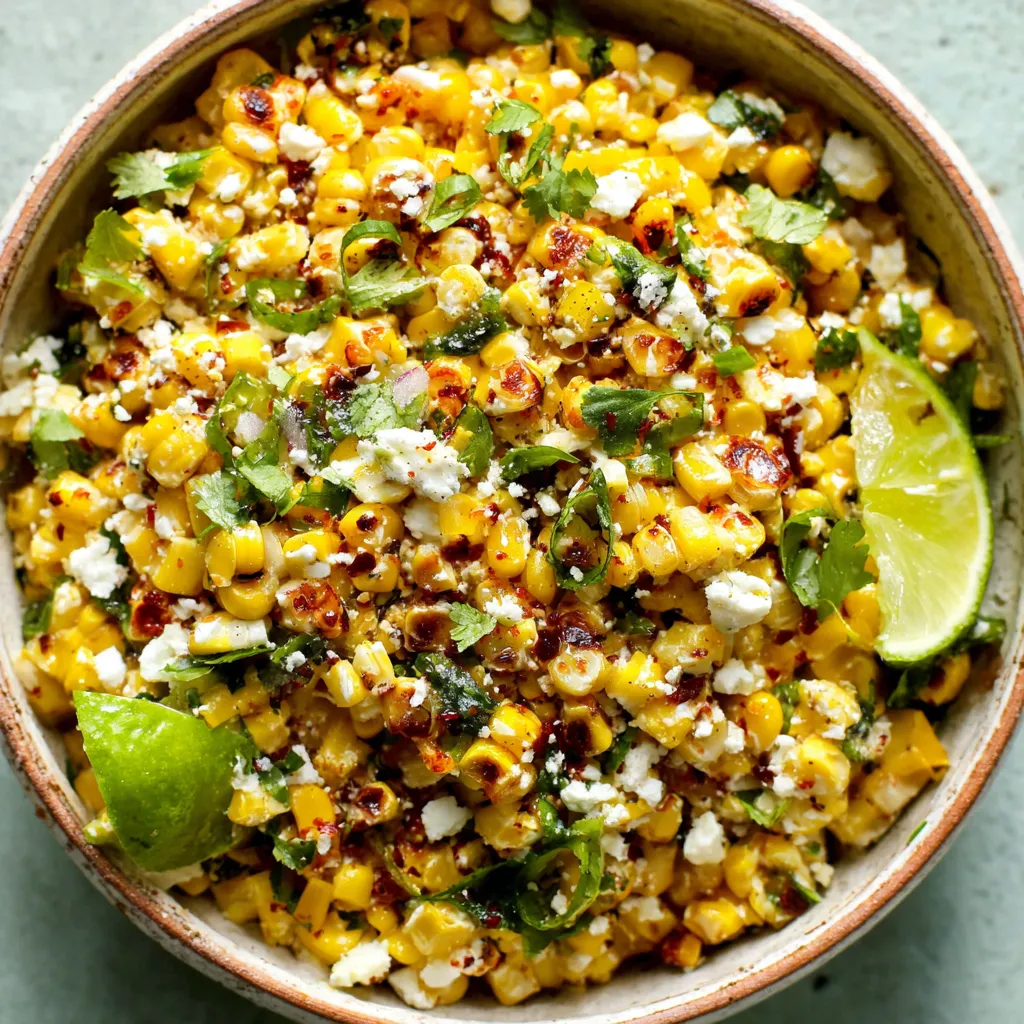 Close-up shot showing the vibrant ingredients of a freshly made Mexican Street Corn Salad, highlighting the creamy dressing, charred corn, and colorful toppings.
