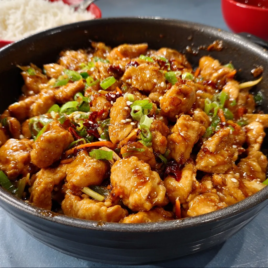 A close-up shot showcases a delicious serving of Mongolian Chicken, glistening with sauce and garnished with green onions.