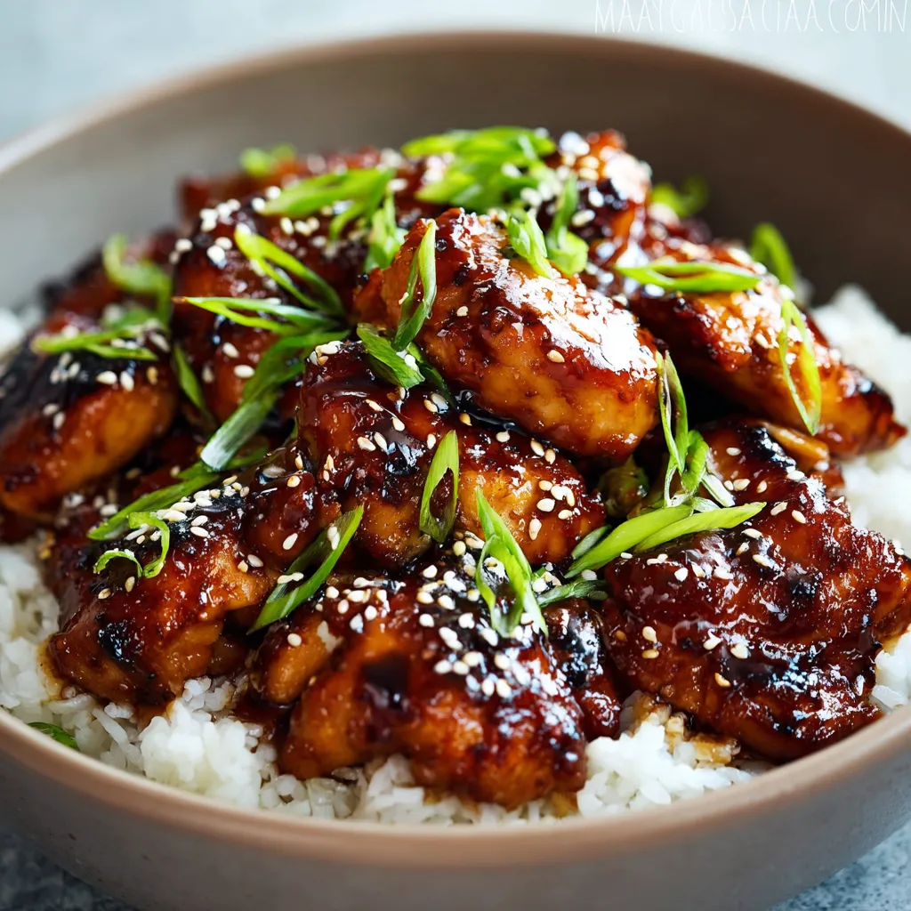 Close-up shot of glistening Teriyaki Chicken pieces served in a bowl, showcasing its savory glaze.