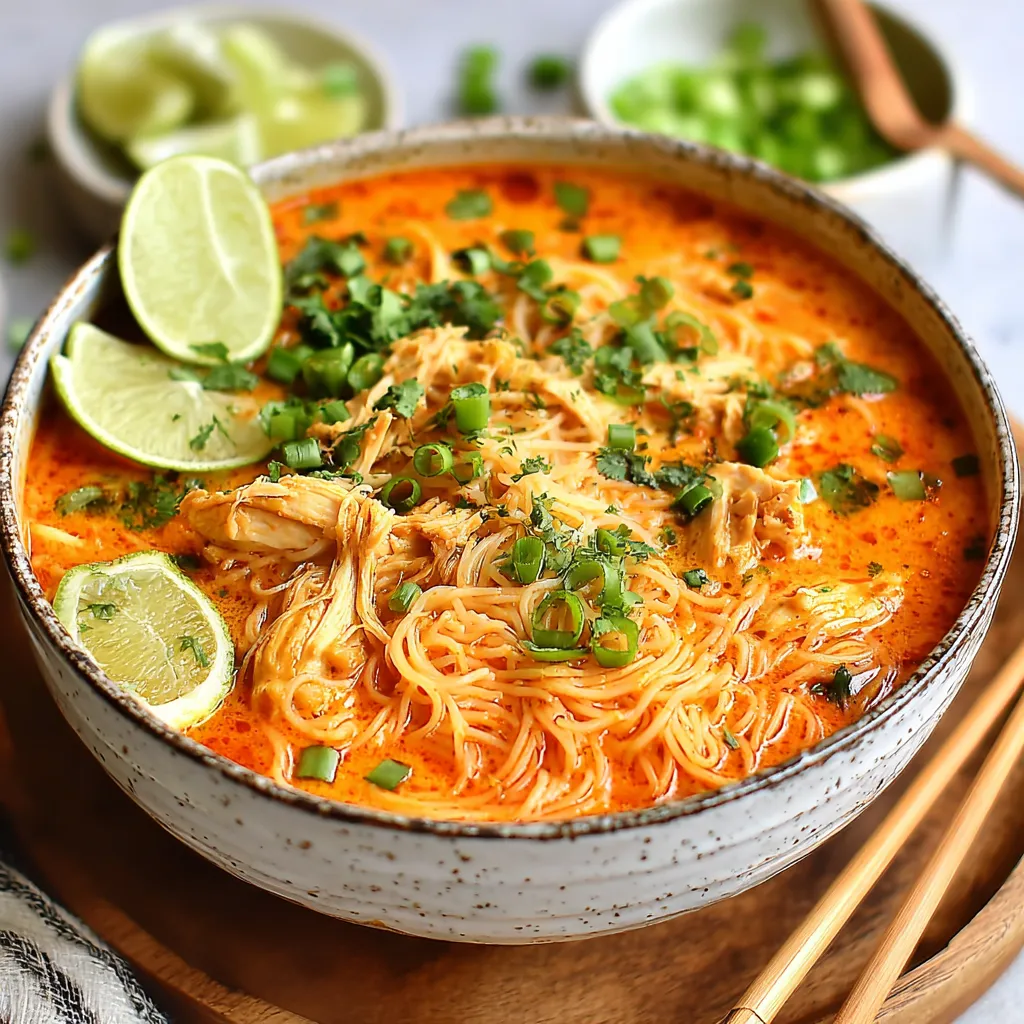 Close-up shot of vibrant Thai Red Curry Noodle Soup with noodles, vegetables, and broth, showcasing its appetizing texture.