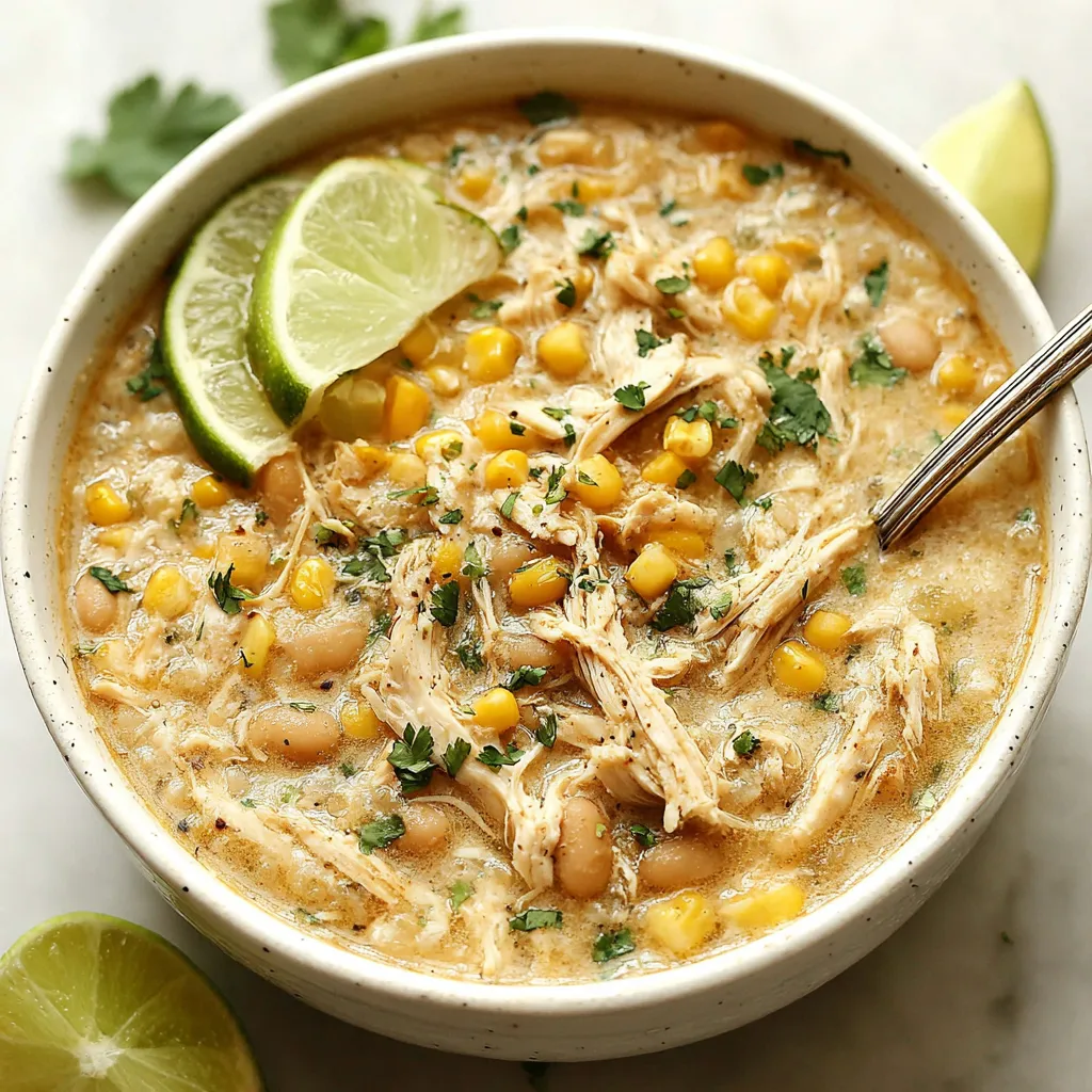 Close-up of a creamy bowl of White Chicken Chili, showcasing its texture and toppings.