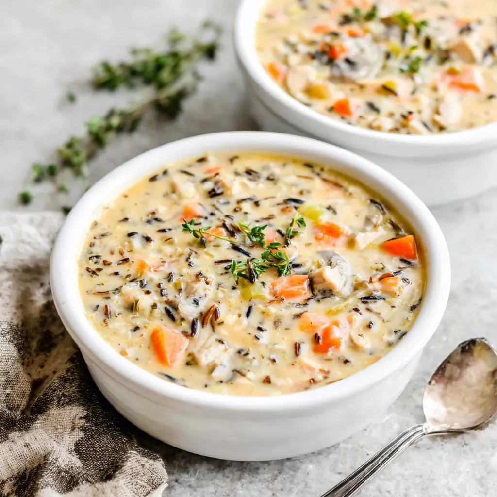 Close-up shot showcasing the creamy texture and ingredients of homemade Wild Rice Soup.