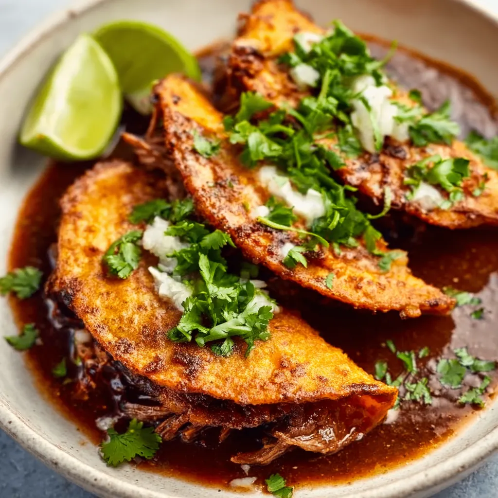 Close-up shot of delicious and cheesy Birria Tacos ready to be enjoyed.