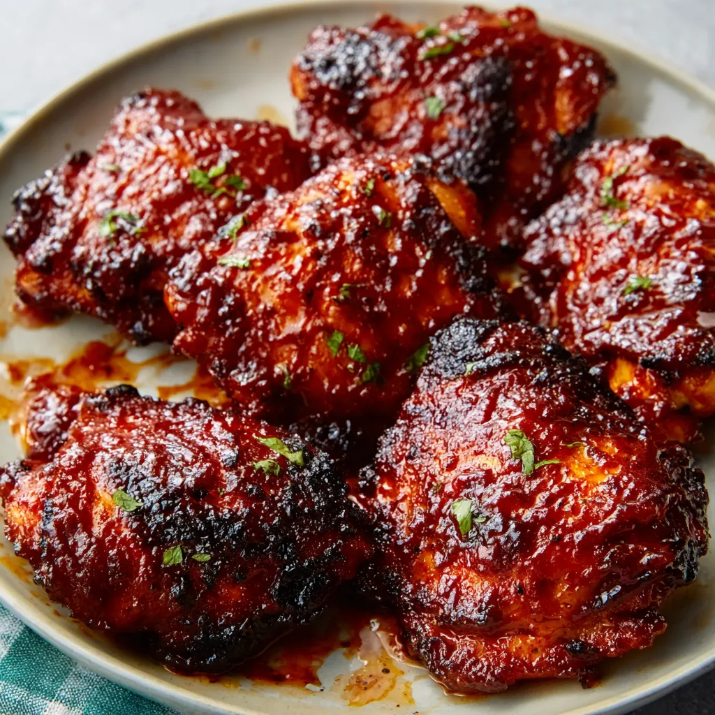 Close-up view of juicy Caramelized BBQ Chicken Thighs glistening with sauce, ready to be served.