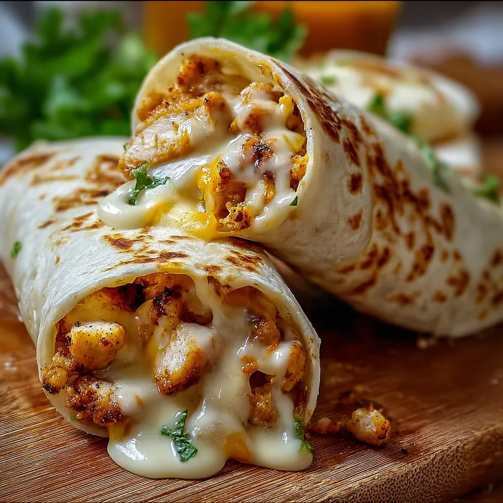 Close-up of delicious Cheesy Garlic Chicken Wraps, showcasing the melted cheese and juicy chicken filling.