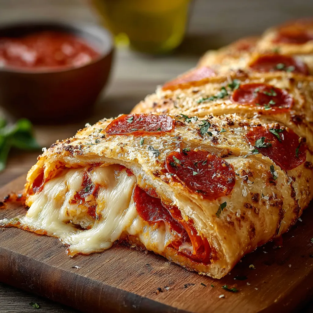 Close-up of a freshly baked Cheesy Pepperoni Stromboli, showcasing its melted cheese and pepperoni filling.