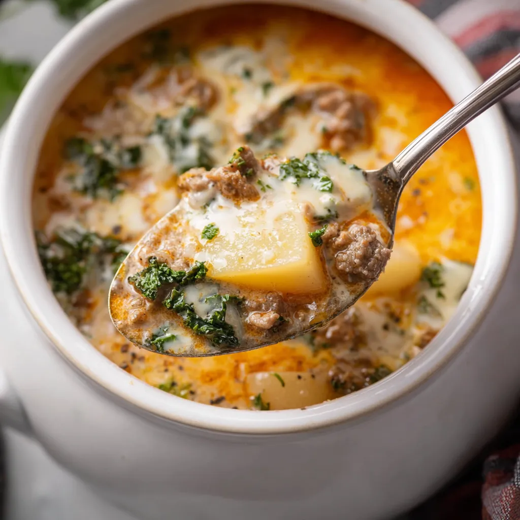 Creamy Crockpot Zuppa Toscana is shown in a white bowl, highlighting its creamy broth and delicious ingredients.