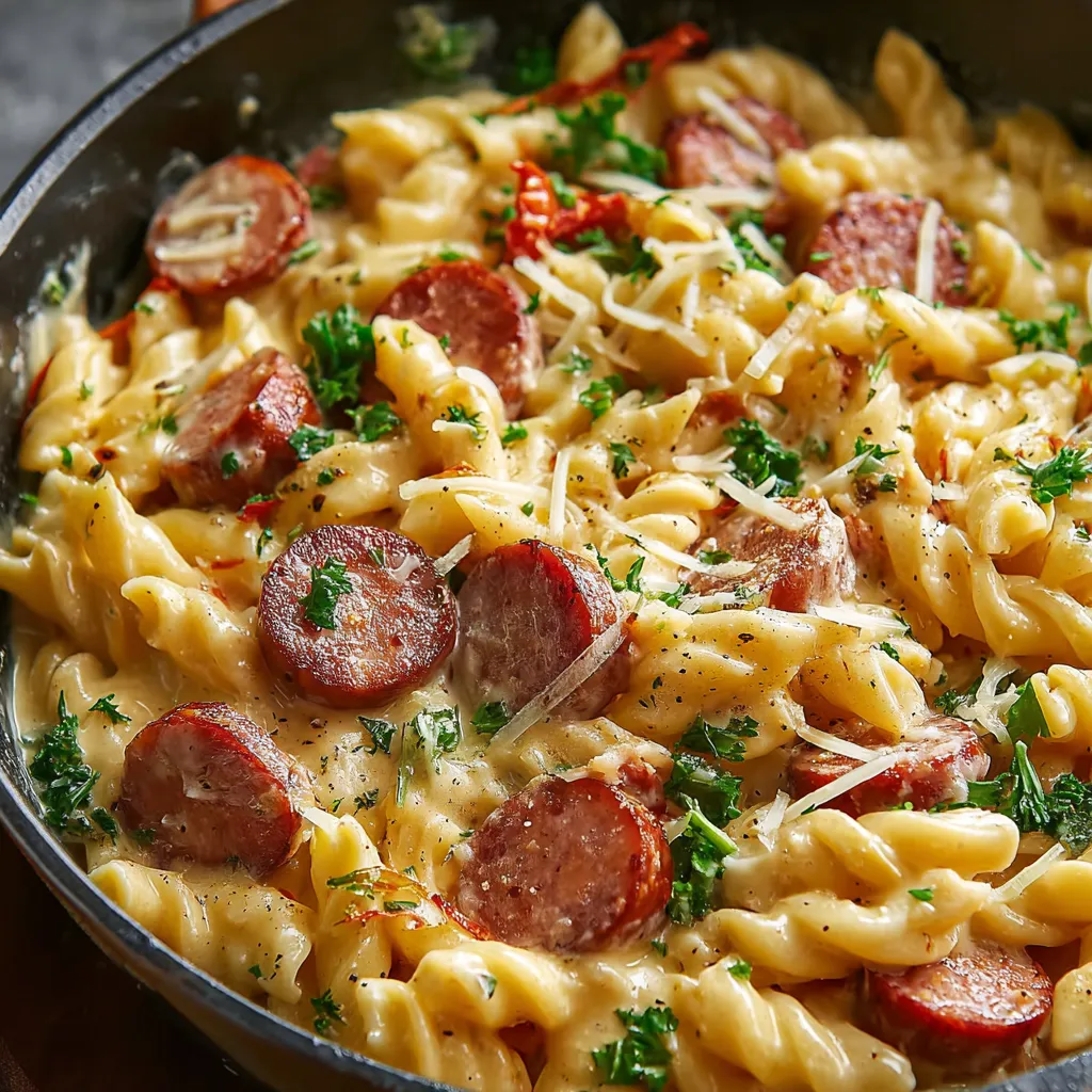 Close-up shot of delicious Creamy Kielbasa Pasta, showcasing the creamy sauce and sliced kielbasa.