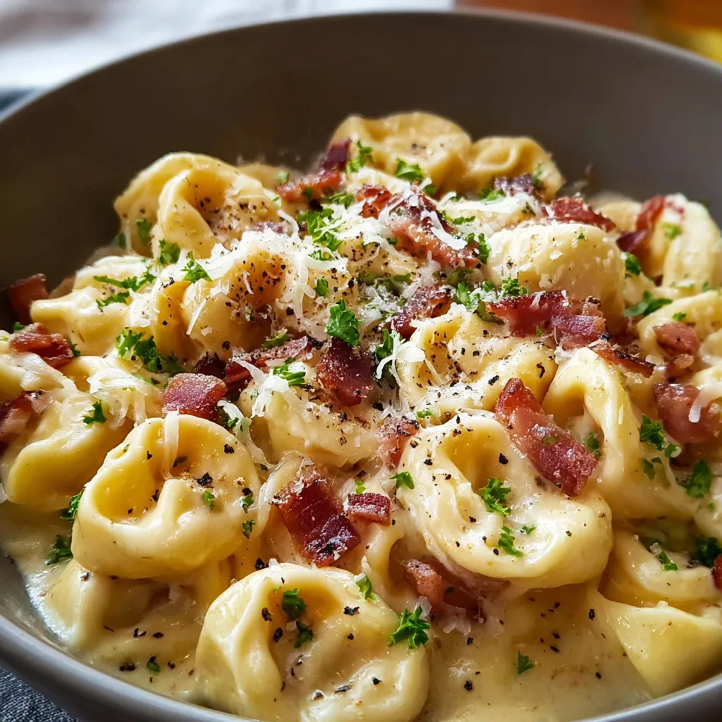 A close-up shot showcases a delicious plate of Creamy Tortellini Carbonara, highlighting the creamy sauce and perfectly cooked pasta.