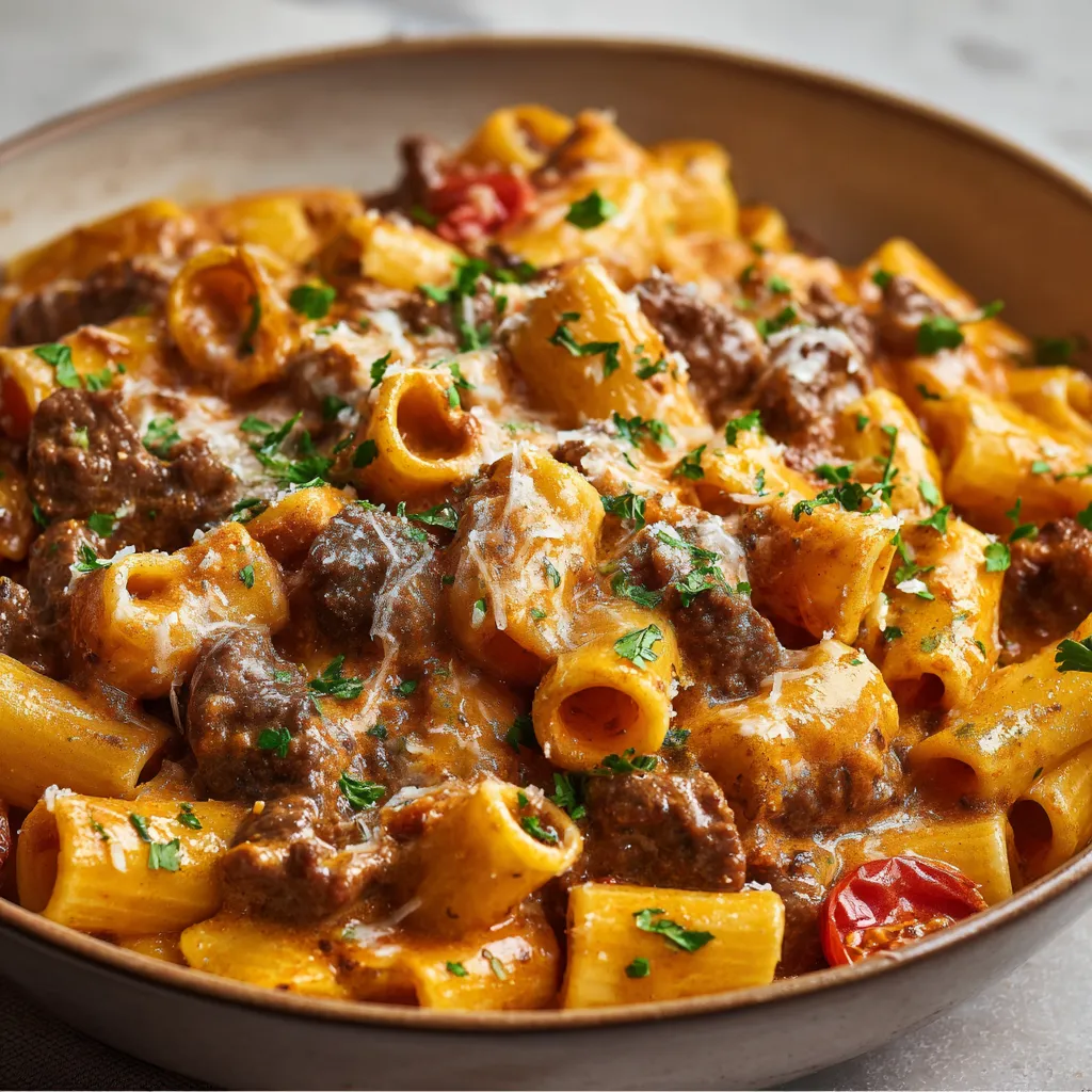 A close-up shot showcases a delicious plate of Beef Pasta, highlighting the rich sauce and perfectly cooked noodles.